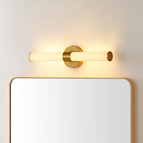 Image of JONATHAN Y 20.13 inch Brass Gold 1-Light Integrated LED Vanity Light, Mid-Century Modern Iron Sconce with Frosted Acrylic Shade, Dimmable Bathroom Light Fixture for Mirror, 3000K JYL7119A