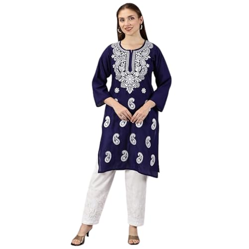 Image of FCH, Fashionable Chikan Handikraft Women's Cotton Lucknowi Chikankari Printed Straight Kurta for Regular Wear Girls Flared Kurta