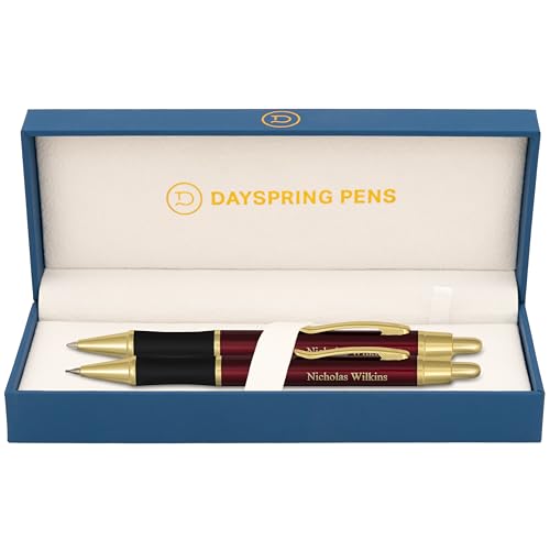 Dayspring Pens Engraved Monroe Gift Pen and Pencil Set. Red Lacquer Finish with Gold Trim. Click-Action Ballpoint and 0.7mm Pencil. Engraved Pen and Pencil Set.