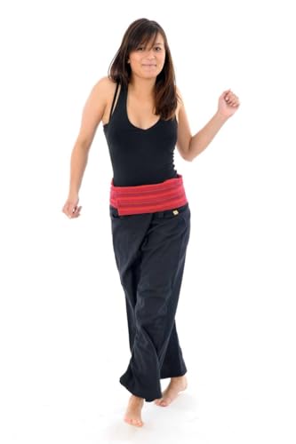 Pantalon fisherman noir rayures rouges idéal pour le yoga et voyage