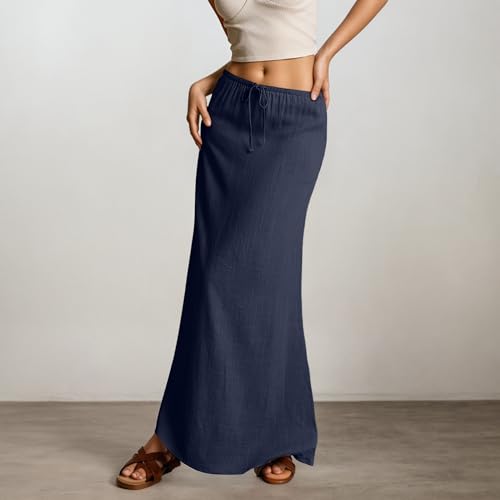 Women's Cotton Linen Long Skirt Summer Solid Drawstring Elastic Waist Casual Flowy Ankle Length Maxi Skirt2