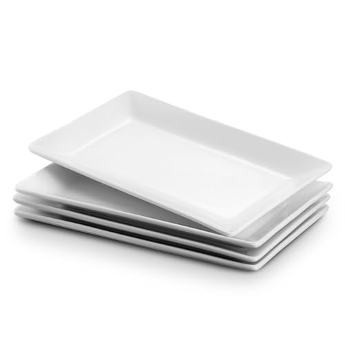 DOWAN Porcelain Serving Platter, Rectangle Serving Plates Set of 4, Restaurant Serving Dishes for Meat, Appetizers, Dessert, Sushi, Party, Soft White - 9.7 x 5.4 Inches