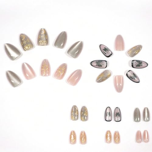 Image of Butterfly Press on Nails Glitter Fake Nails with Gold Design Sun Glue on Nail Shiny Glossy Full Cover Short Almond Stick on Nail Press ons for Women Girls Manicure 24Pcs