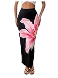 OYOANGLE Women's Floral Print Pencil Skirt Elastic High Waist Vacation Bodycon Maxi Skirts Black and Pink Medium