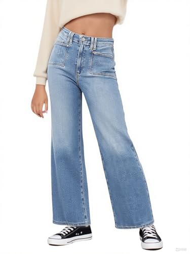 Haloumoning Girls Wide Leg Jeans Kids High Waisted Demin Pants Stretch Long Pants with Pockets 5-14 Years