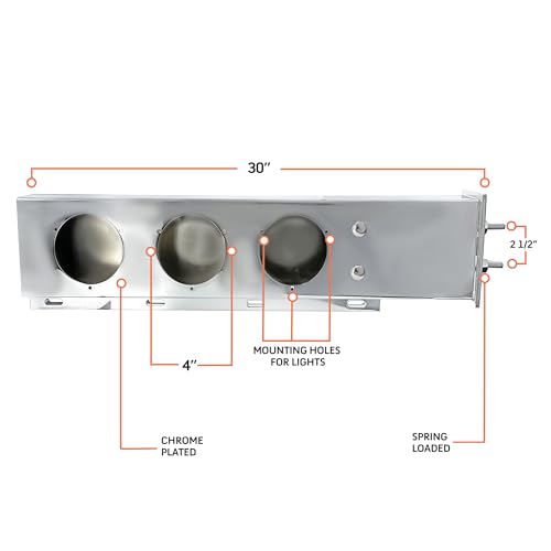 Image of TORQUE Mud Flap Hanger for Semi Trucks 2-1 /2 inch Bolt Spacing 30 inch Chrome, 4 inch Light Cutouts, Lights NOT Included, Spring Loaded, Straight, Light Bar Tail Light (TRMFH309 + TRMFHREFS24)