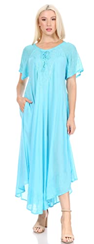 Image of Sakkas Egan Long Embroidered Caftan Dress /Cover Up with Embroidered Cap Sleeves
