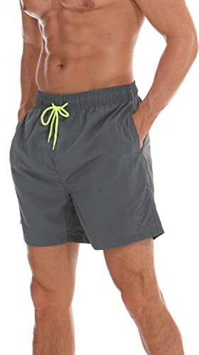 LEZUAN Herren Badehose Sommer Badeshorts Atmungsaktiv Boardshorts UV Schutz Schwimmhose Wasserabweisend Schwimmshorts mit Gummibund Schnelltrocknend Sporthose mit Tunnelzug und Innenhose(Grau, L) Cover