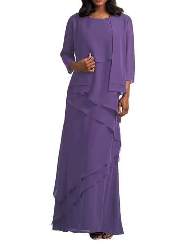 Mother of Bride Dresses with Jacket 2-Pieces Long Mother of The Groom Dress Ruffle Chiffon Formal Evening Gowns