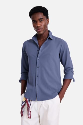 Image of SNITCH Men Casual Shirt | Slim Fit Long Sleeve Spread Collar Vertical Crinkle Textured Pattern | Breathable Polyester Blend & Stretchable Fabric for Casual Outing & Everyday Use
