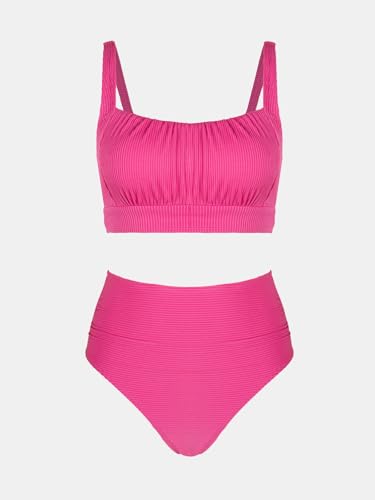 Image of CUPSHE Women's Tummy Control High Waisted Bikini Set Textured Bathing Suit | Removable Soft Cups, Ruched, Adjustable Wide Straps, Ribbed Texture, Twist Back Detail, Full Coverage, Sporty, Beach Vacation