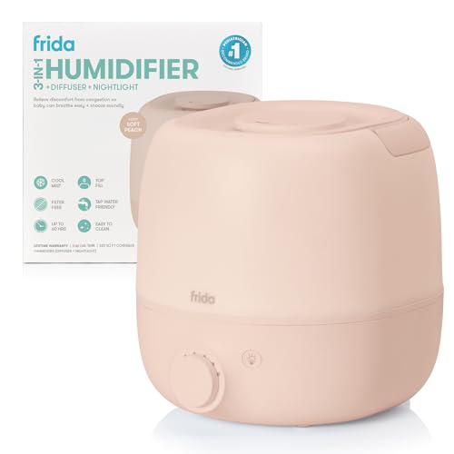 Image of Frida Baby 3-in-1 Cool Mist Humidifier for Large Rooms, Top Fill Humidifier for Bedroom, Allergy Relief, 60 Hour Runtime + Nightlight, Auto Shut-Off, Quiet, Carry Handle, Essential Oil Diffuser