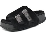 KuaiLu Womens Fluff Platform Open Toe Slipper with Arch Support Fashion Black Furry Sliders Orthotic Faux Fur Sandal Adjustable Ladies House Slippers Indoor Outdoor Size 7