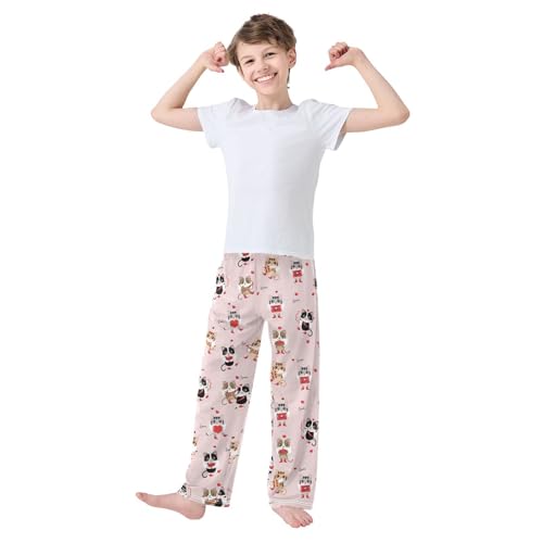 Kitten Cat with Love Heart Boys Long Pants Soft Trousers Elastic Waist Kids Lounge Bottoms with Pockets S-XL2