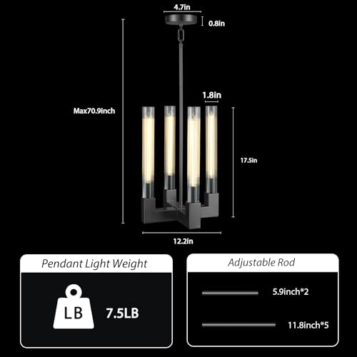 Glass Tube Black Pendant Lights Kitchen Island,4-Light Modern Farmhouse Pendant Light,Black Copper Kitchen Pendant Lighting Over Island,Indoor Chandeliers for Dining Room,Bedroom,Entryway