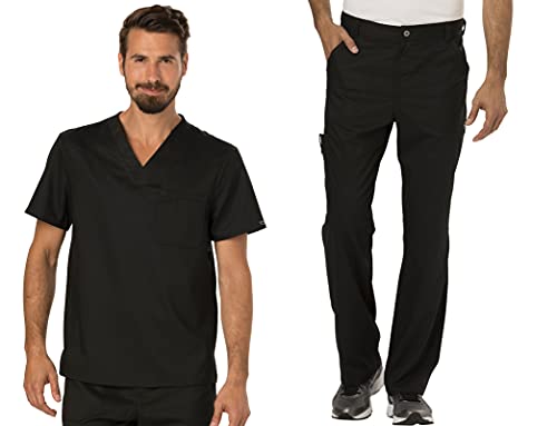 Workwear Revolution Men Scrubs Set V-Neck Top WW690 & Fly Front Pant WW140 (Black, L/M)