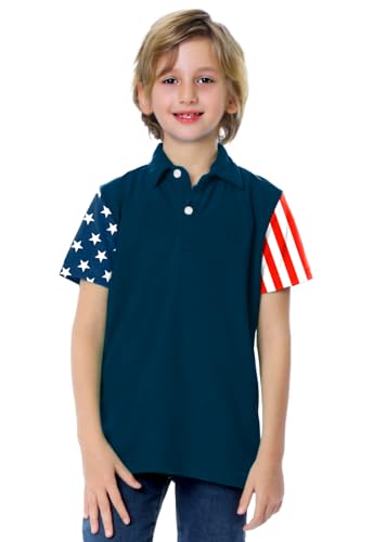 Image of AOBUTE Kids 4th of July Polo American Flag Short Sleeve Button Down Shirts Tops 3-14 Years
