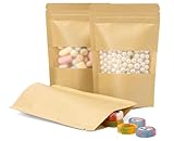 100 Stück Kraftpapiertüten mit Fenster, 8,9 x 14,1 cm, Stand-Up-Beutel, Druckverschluss, Lebensmittelaufbewahrungsbeutel für Verpackungsprodukte, wiederverwendbar, verschließbar