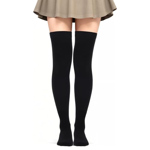 Extra Long Thigh High Socks, Cotton Thigh High Socks, Warm Over-the-Knee Highs Sock for Women and Girls, Knee Highs Sock Leg Warmers Matching with Skirts, Dresses, Boots, Sneakers (Black)