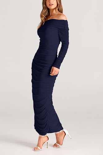 PRETTYGARDEN Women's Fall Off The Shoulder Maxi Dress Spring Long Sleeve Ruched Fitted Bodycon Club Dresses with Slit