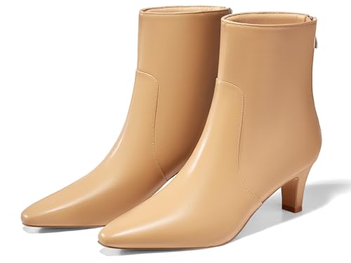 Coutgo Womens Low Kitten Heel Short Boots Fall Square Pointed Toe Ankle Boots Leather Dress Booties With Zipper