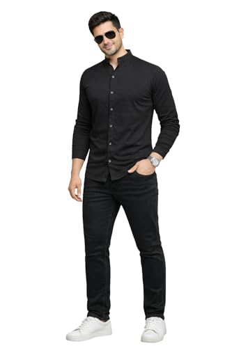 Image of Blisstone Men's Band Collar Shirt - Full Sleeve Slim Fit Casual Cotton Blend Mandarin Collar Button Down Shirt