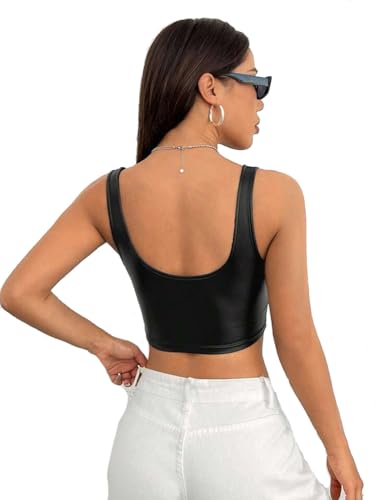 Women's Faux PU Leather Square Neck Sleeveless Shirts Slim Fit Casual Latex Tank Crop Mini Top3