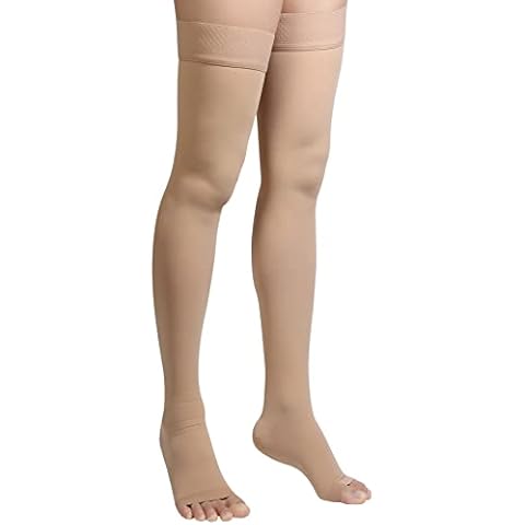 Thigh High Compression Stockings, Open Toe, Pair, Firm Support 20-30mmHg Gradient Compression Socks with Silicone Band, Unisex, Opaque, Best for Spider & Varicose Veins, Edema, Swelling, Beige XL Cover