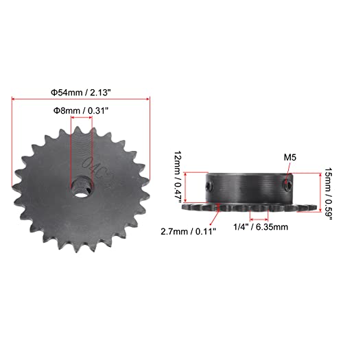 Pignon Type B 25 dents 1/4" pas avec alésage 8mm en acier au carbone C45