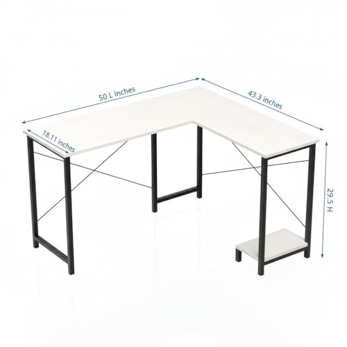 Image of RIZIK STORE L-Shaped Computer Desk | 50-Inch Corner Gaming & Study Table with Engineered Wood Top, Metal Frame & CPU Shelf | Writing Workstation for Bedroom, Office & Small Rooms (White-1)