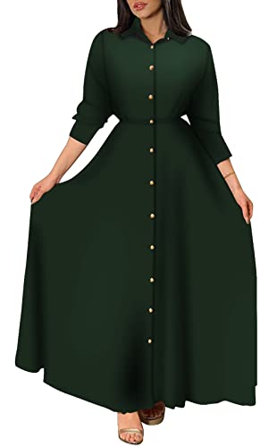 BestGirl Button Up Maxi Dress Casual V Neck Loose T-Shirt Long Dress with Belts