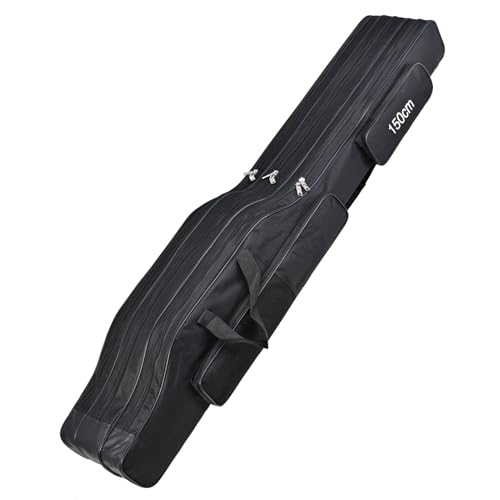 Srempeom 3 Layers Fishing Pole Bag Portable 3 Layers Oxford Folding Rod Carry Case Fishing Reel Tackle Storage Bag Case 150cm Black