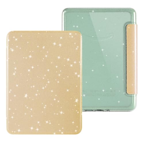 HOICHOE Glitter Case for 6.8" Kindle Paperwhite 11th Generation 2021 and 6.8" Kindle Paperwhite Signature Edition, PU Leather Cover, Transparent Hard Back Shell with Auto Sleep/Wake,Glitter Golden