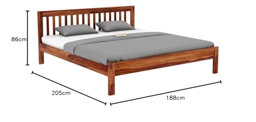 Image of Sheesham Wood Queen Size Bed Without Storage | Wooden Double Bed Cot Palang Furniture for Bedroom Living Room Home (Honey Finish)