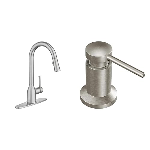 Image of Moen Adler Spot Resist Stainless One-Handle High Arc Kitchen Sink Faucet with Power Clean Pull Down Sprayer, 87233SRS + Deck Mounted Kitchen Lotion or Soap Dispenser with Refillable Bottle, 3942SRS