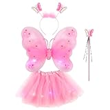 Mädchen fee kleid up kostüme 4 stück set beinhaltet LED schmetterling fee flügel, licht up tutu rock, und schmetterling stirnband.