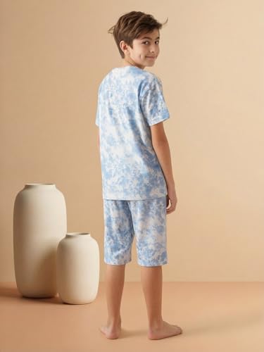 Image of Li'l Tomatoes Boys 100% Cotton Night Suit Set | Half Sleeve T-Shirt & Shorts | Color Block & Typography Print | Soft & Breathable Sleepwear | Casual Summer Wear | 9-16 Years