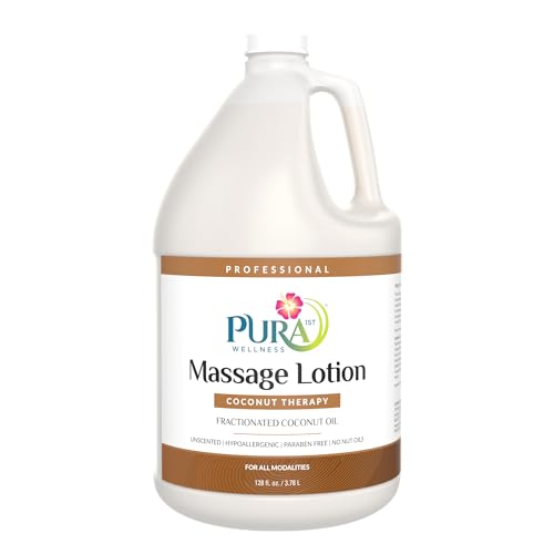 PURA 1ST Professional Coconut Therapy Massage Lotion, Coconut Oil, Unscented, Hypoallergenic, Non-Greasy, Natural, Skin Moisturizing, Deep Tissue, Hydrating, Wellness, Physical Therapy, 128oz Bottle