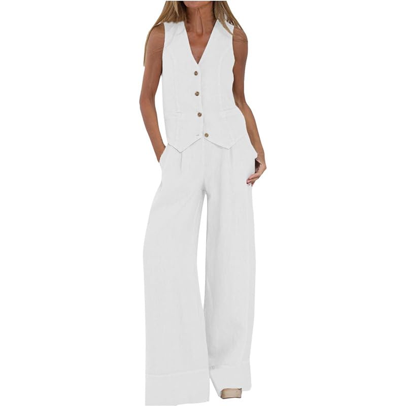 Elegant Two Piece Set for Women Linen Suit Vest and Wide Leg Pants Outfits Sleeveless Suit Vest Casual