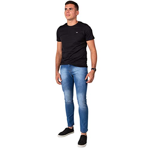 Kit com 3 Calças Jeans Sarja Masculina Skinny Slim com Lycra - Jeans Escuro, Preta e Claro - 46