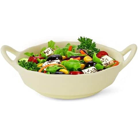 XINLTC Porcelain Salad Bowl, 3.7qt Large Serving Bowl with Handles, Large Salad Mixing Bowl with Servers - 3-Piece Big Salad Bowl Set for Entertaining Cover