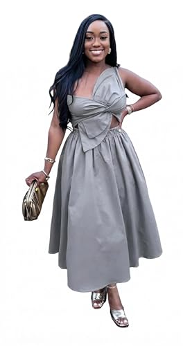 Image of YUEWOO Midi Dresses for Women Casual Summer Sundresses Vacation Outfits Spaghetti Strap Smocked Women Maxi Dress with Pockets