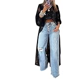 Women's Round Neck Lace Short Front and Long Back Casual Top, Long Sleeve Summer Casual Dress See-Through Cover-Up (Black,Large)