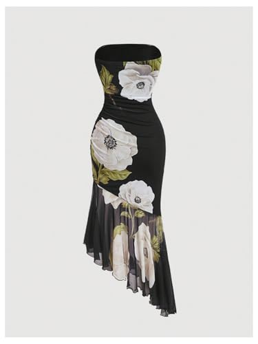Image of MakeMeChic Women's Floral Tube Dress Strapless Ruched Ruffle Hem Bodycon Midi Dresses Multicolor Medium