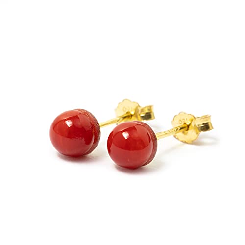  Orecchini in oro 18 carati e vero corallo del Mediterraneo (Corallo Sardo) lavorato a pallino - sfera mm 4,5