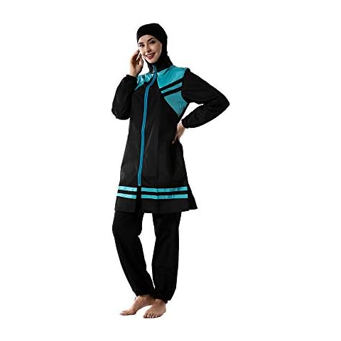 OWN4B Plus Size Modest Swimwear for Women with Hijab Full Coverage Print Zipper Islamic Burkini Muslim Sky Blue Cover