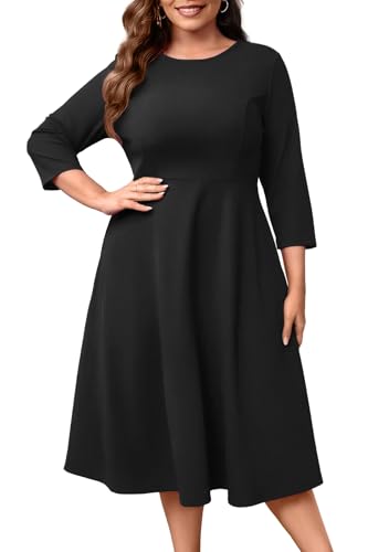 Image of Runwind Women's Plus Size Midi Dress Classy High Waist Wedding Guest Dress Casual Crew Neck 3 /4 Sleeve A-Line Swing Dresses