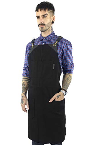 Under NY Sky Delantal Negro - Sarga Profesional - Correas de Espalda Cruzada - Multi Bolsillos - Ajustable, Hombres, Mujeres, Chef, Barista, Barbero, Barman, Dependiente de Tenda, Artista del Tatuaje
