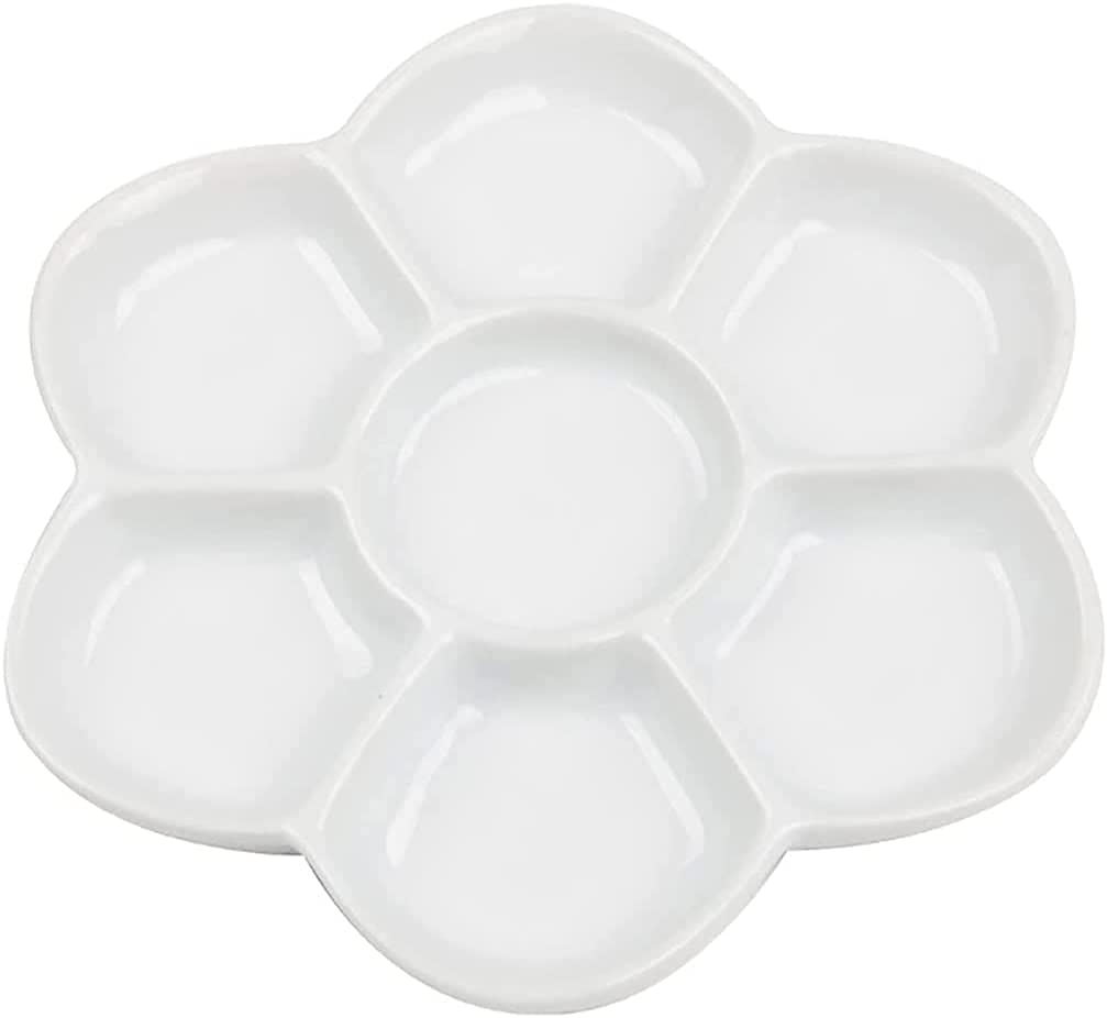 feedal Porcelain Ceramic 7 Well Daisy Shaped Watercolour Paint Mixing Palette Artist Paint Palette for Water, Oil or Acrylic Colour (6inch/15CM)