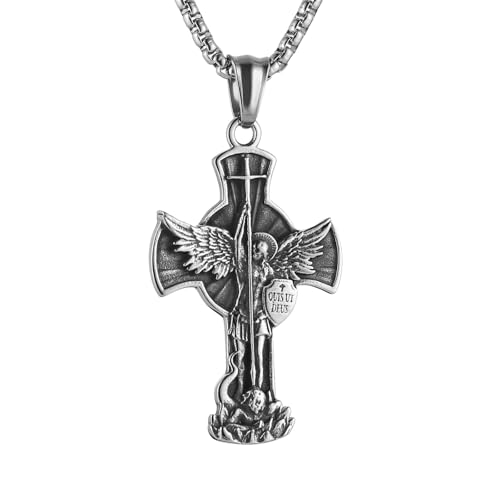 HZMAN St. Michael Archangel Cross Necklace for Men Stainless Steel Retro Angel Exorcism Protect Amulet Pendant